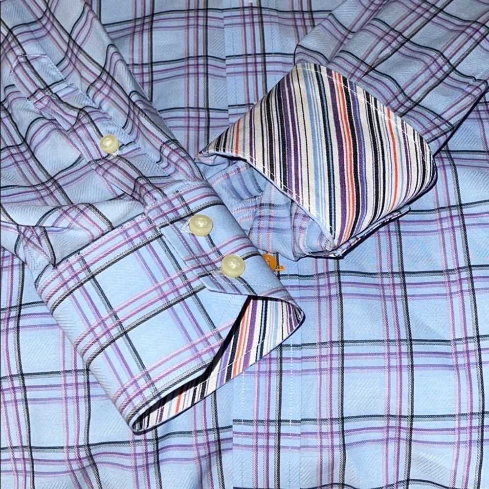 Thomas Dean Long Sleeve Dress Shirt Flip Sleeve Mens Medium Blue 100% Cotton - Picture 10 of 10